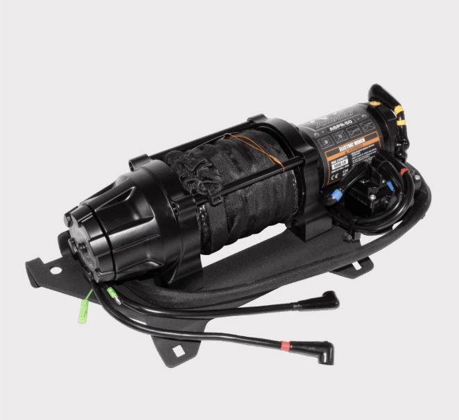 KFI Plug-and-Play 5000lb Winch for Polaris Ranger UTVs with roller fairlead, black with mounting plate