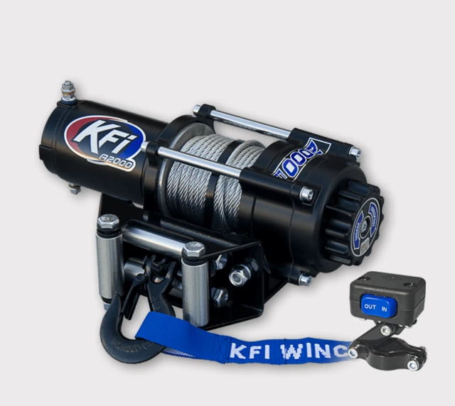 KFI 2000lb ATV winch with steel cable, black compact waterproof unit with 4-bolt mount