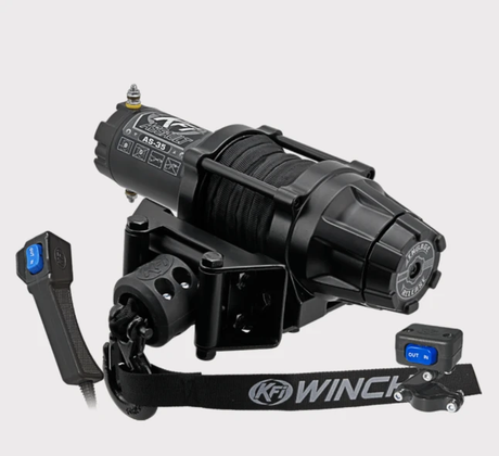 KFI Assault Series 3500lb ATV Winch with synthetic cable, remote, and strap