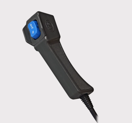 Winch handheld remote by KFI Assault Series with blue ON/OFF switch