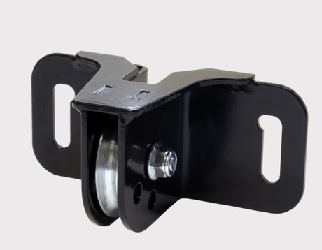 KFI fairlead plow pulley for winches, black steel housing with silver roller, 4.875 bolt pattern, 2 1/8 in roller