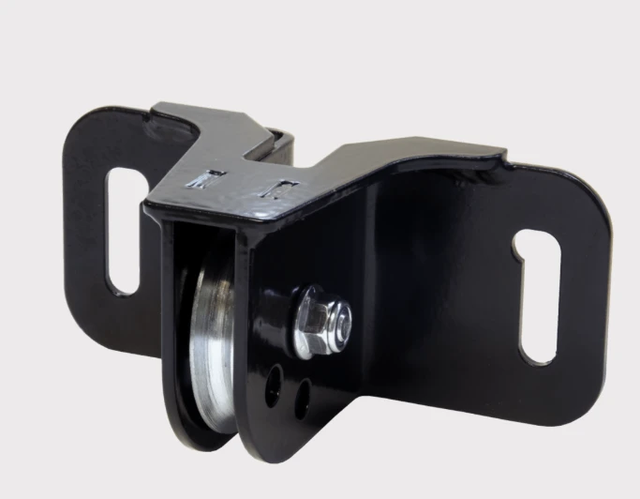 KFI fairlead plow pulley for winches, black steel housing with silver roller, 4.875 bolt pattern, 2 1/8 in roller