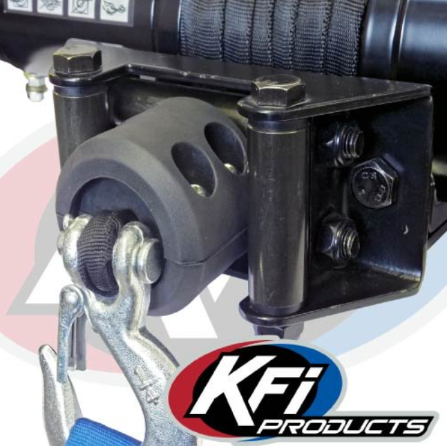 KFI Winch Split Cable Hook Stopper for ATV/UTV, black mounting bracket with pulley and hook; KFI logo visible.