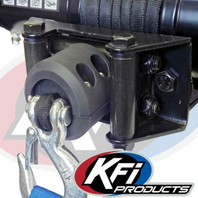 KFI Winch Split Cable Hook Stopper for ATV/UTV, black mounting bracket with pulley and hook; KFI logo visible.