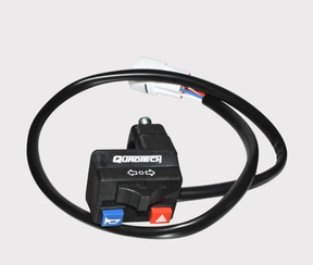 Quadtech Road Legal Kit: ATV left-handlebar switch with clamp mount, black body, blue horn button, red hazard button.