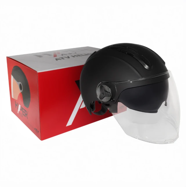 Hyper A3V ATV helmet, black with clear visor, size M (55–58 cm) for off-road use.
