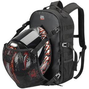 Kemi Moto 20L motorcycle helmet bag with hidden helmet net, black backpack-style design