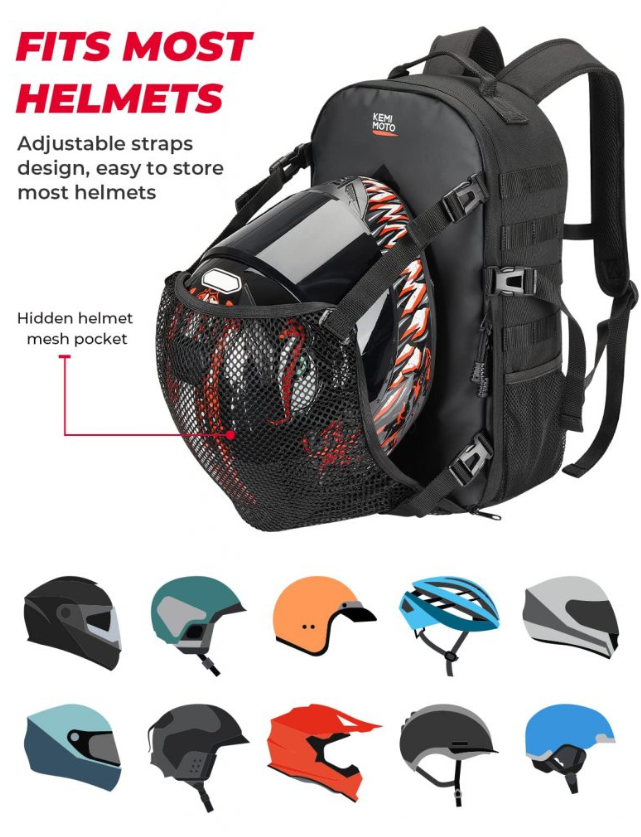 Helmet bag by Kemi Moto, 20L black backpack-style with hidden helmet net and adjustable straps.