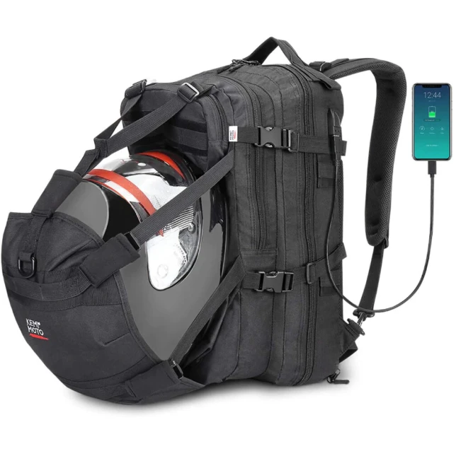 Kemi Moto helmet bag backpack; rugged black tactical hiking pack with USB charging and helmet attached
