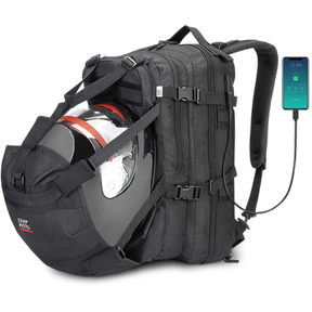 Kemi Moto helmet bag backpack; rugged black tactical hiking pack with USB charging and helmet attached