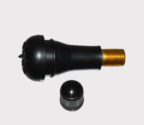 Tyre valve stem, 45mm, black rubber with brass threaded end and cap for ATV/UTV use