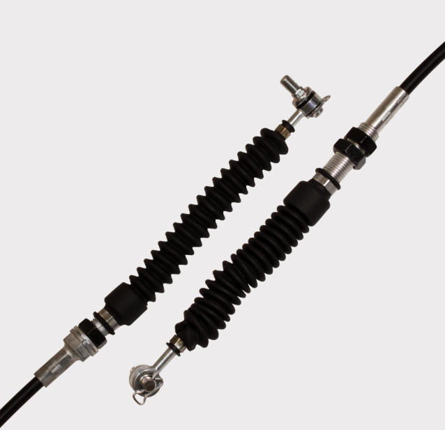 Shift Cable Base for Can-Am Traxter 2016-2019, pair of black rubber accordion-covered cables with metal fittings