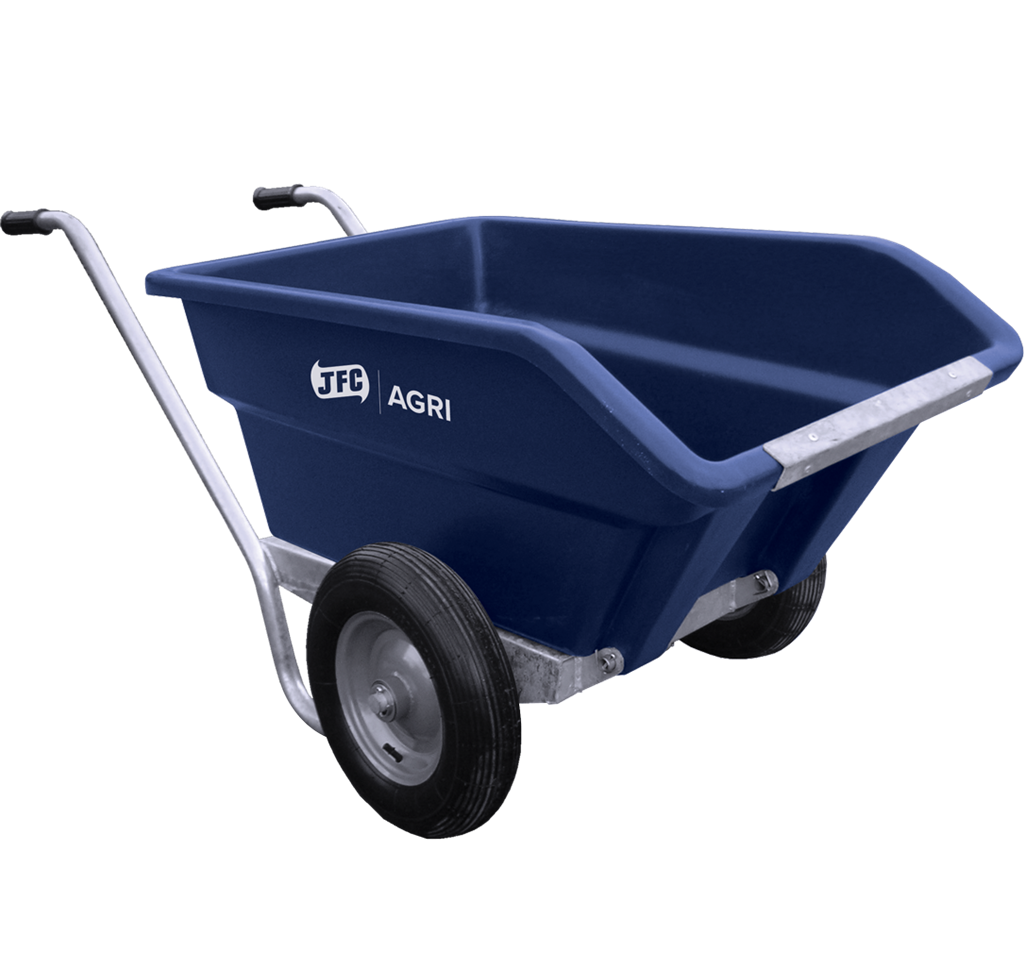 JFC Agri 250L tipping wheelbarrow in blue, heavy-duty polyethylene with dual pneumatic wheels
