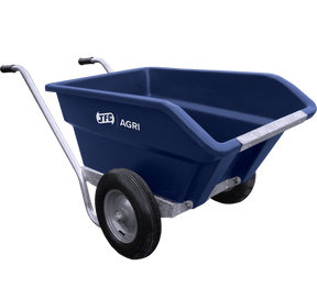 JFC Agri 250L tipping wheelbarrow in blue, heavy-duty polyethylene with dual pneumatic wheels