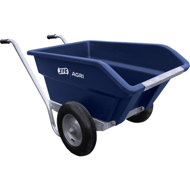JFC Agri 250L tipping wheelbarrow in blue, heavy-duty polyethylene with dual pneumatic wheels