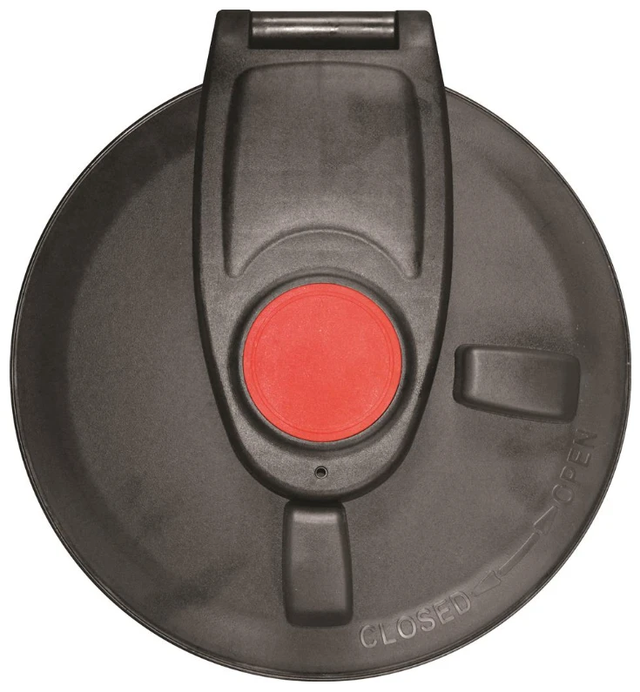 JFC Agri Hinged Lid Assembly for Milk Kart 170L/340L, black plastic lid with red center knob.