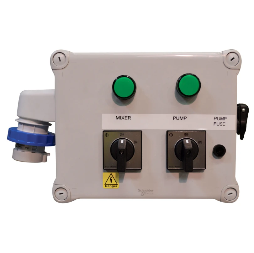JFC Agri control box for milk kart mixer and pump, gray enclosure with two green buttons and a blue power connector; Schneider Electric logo.