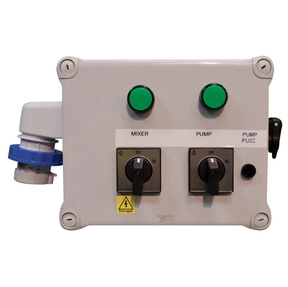 JFC Agri control box for milk kart mixer and pump, gray enclosure with two green buttons and a blue power connector; Schneider Electric logo.