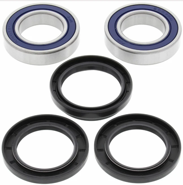 ATV rear wheel bearing kit; Honda/Suzuki compatibility; five-piece set with two silver bearings and three black seals
