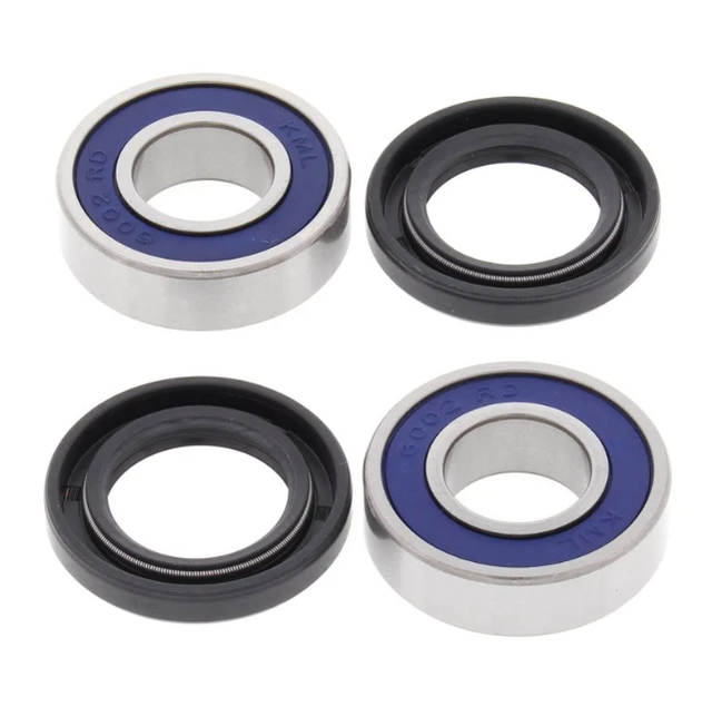 4-piece front wheel bearing kit with double lip seals for Suzuki LT50 Quadrunner ATV; blue-sealed bearings.
