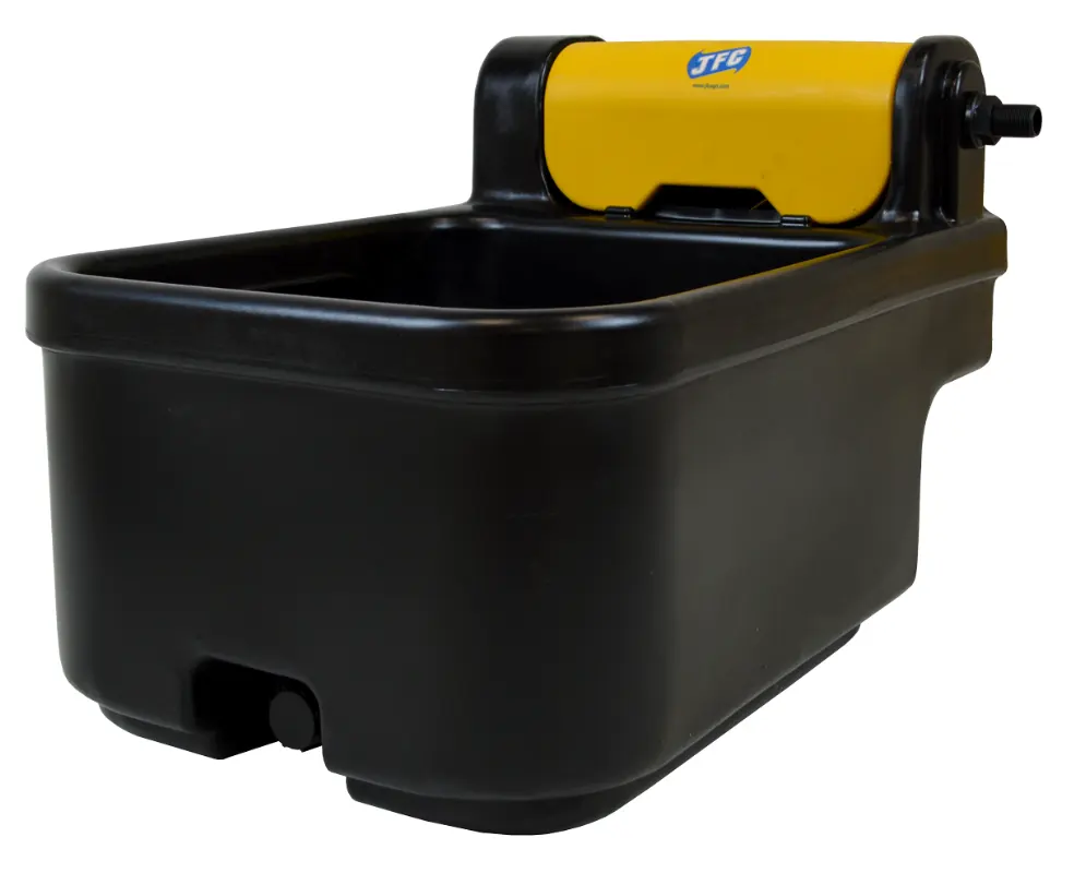JFC Agri 68L Fast Fill Water Trough, black with yellow fast-fill unit, single reservoir livestock waterer