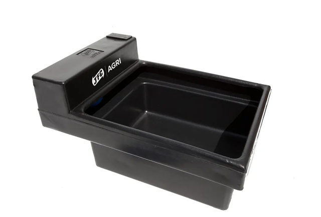 JFC Agri 53L single black plastic water trough with brass float valve for calves and sheep