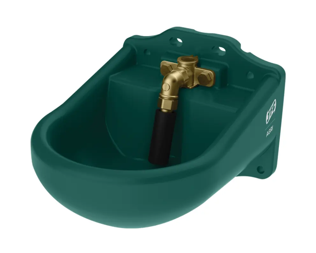 JFC Agri Nose Fill Drink Bowl 2L livestock waterer, green dual-entry wall mount bowl with brass valve