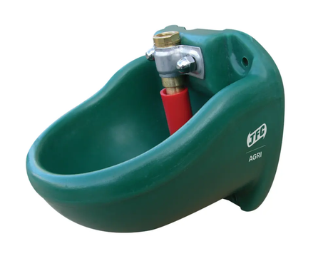 JFC Agri Nose Fill Drinking Bowl, green plastic livestock waterer with metal valve fitting