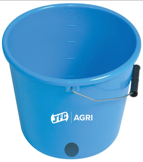 Blue calf feed bucket with 1.25 gal capacity, metal handle, and TFC Agri logo.