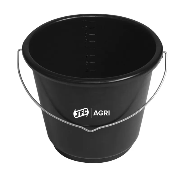 2.64 Gal black plastic bucket by JFC Agri with metal handle for feed.