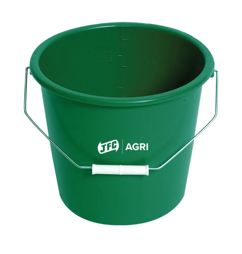 Calf bucket 2 gal, green by JFC Agri; unbored feed bucket with metal handle.