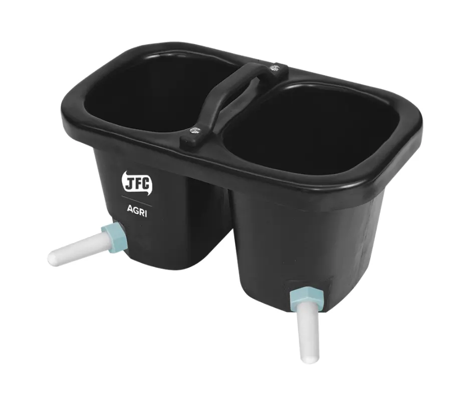 Calf double feeding bucket with 2 teats, black plastic, JFC Agri.