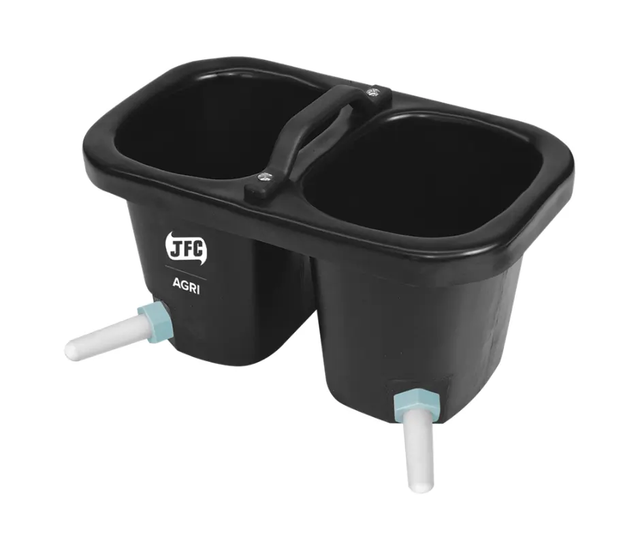 Calf double feeding bucket with 2 teats, black plastic, JFC Agri.