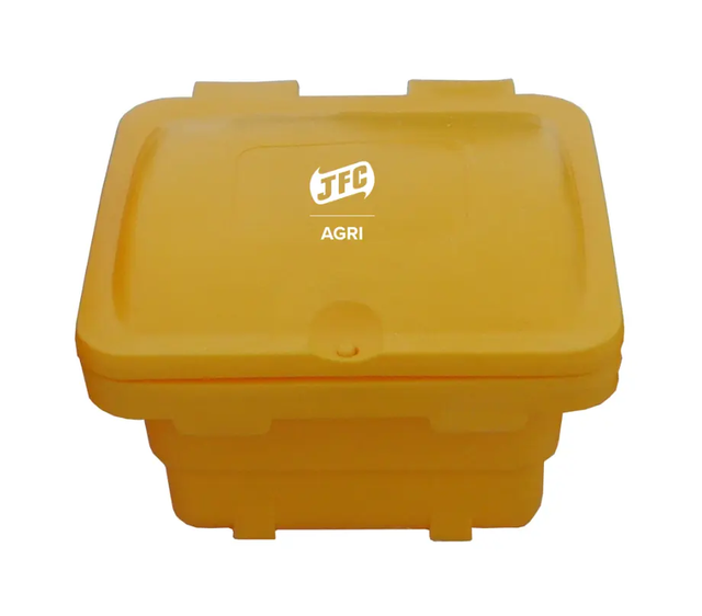 Grit storage bin, yellow plastic 350L capacity, JFC Agri feed storage bin