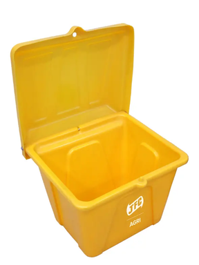 Feed Storage Bin SB100Y, yellow 100L by JFC Agri with lid open