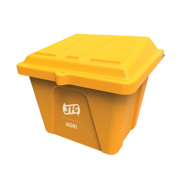 Feed storage bin by JFC Agri, yellow plastic, 100L capacity
