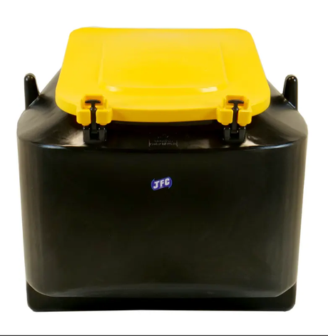 Easy Empty Cubic Metre Meal Bin by JFC Agri, black body with yellow lockable lid