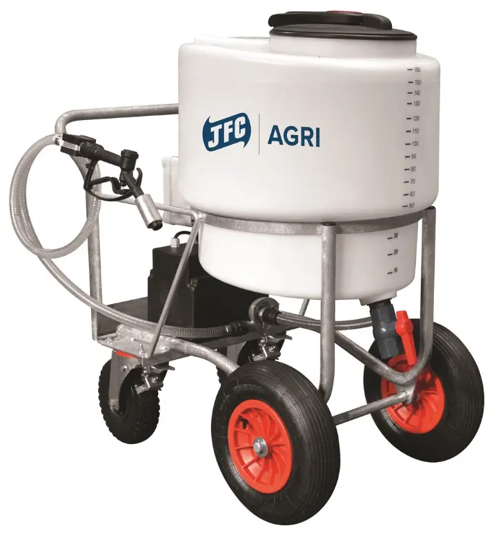 Milk Kart 170L with 12V pump by JFC Agri, white tank on red wheels