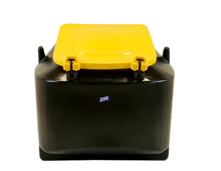 Easy Empty Cubic Metre Meal Bin (CMB05) by JFC Agri; black body with yellow lid, feed storage bin.