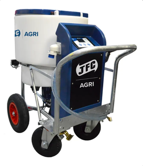 Milk kart with mixer and pump MK180MP4 by JFC Agri, white tank, blue frame, livestock feeder.