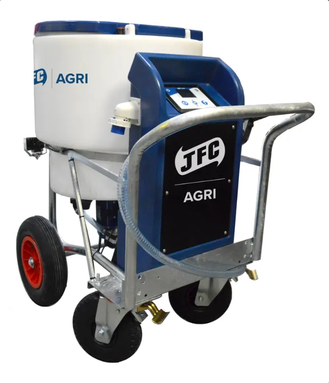 Milk kart with mixer and pump MK180MP4 by JFC Agri, white tank, blue frame, livestock feeder.
