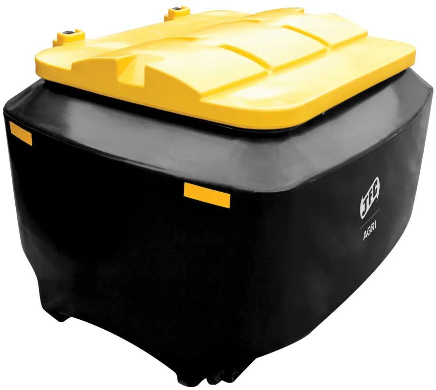 Cubic Metre Meal Bin CMB04-G, lockable black feed storage bin with yellow lid for livestock feeders, JFC Agri.