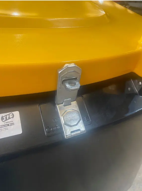 Cubic Metre Meal Bin - Lockable (CMB04-G), yellow lid on black body with metal latch by JFC Agri.