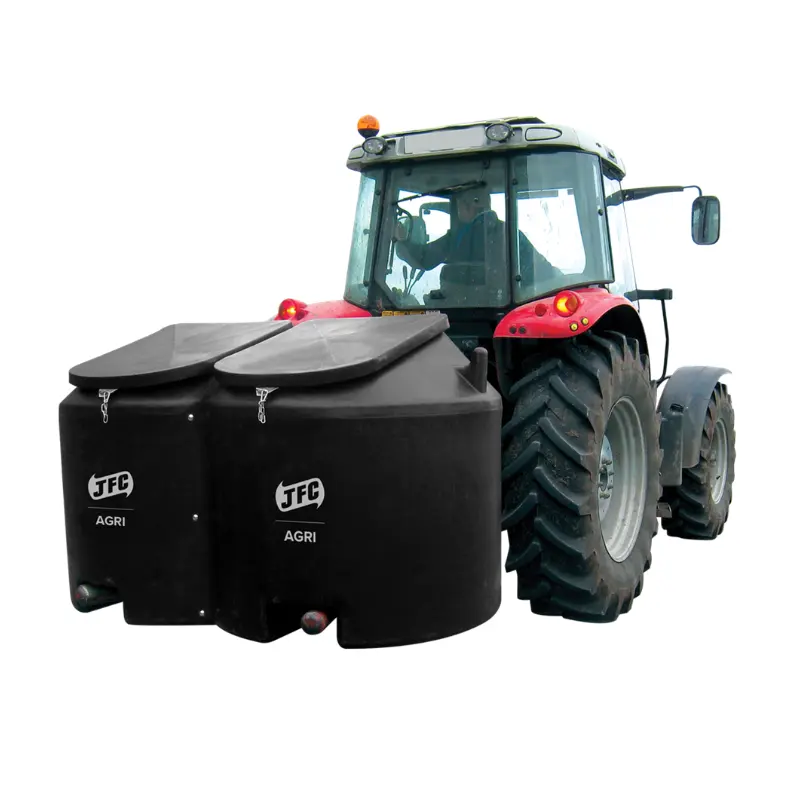 1 Tonne Meal Bin with Lockable Lids (CMB02): two black JFC Agri feed storage bins beside a tractor