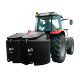 1 Tonne Meal Bin with Lockable Lids (CMB02): two black JFC Agri feed storage bins beside a tractor