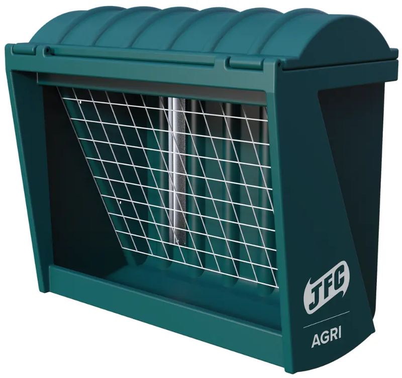 JFC Agri Slow Hay Feeder 165L gate livestock feeder, teal with metal grid