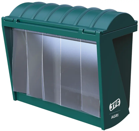 JFC Agri Creep Feeder 60kg gate livestock feeder, green with hinged lid and metal panels.