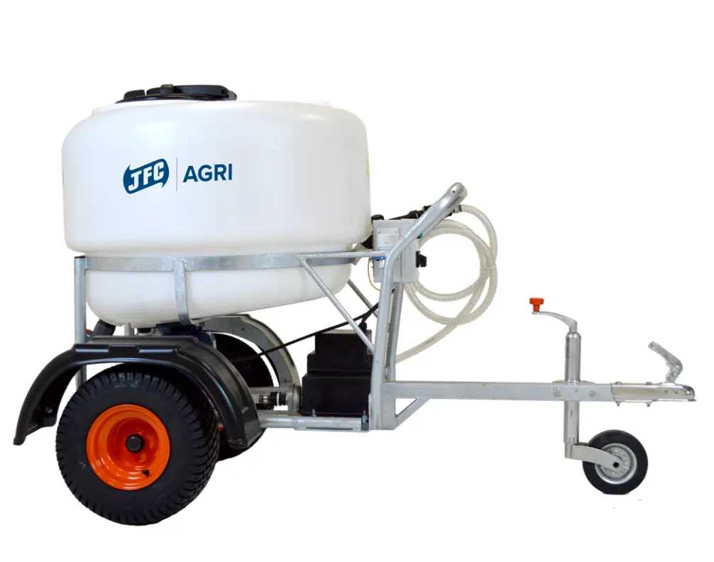 JFC Agri ATV milk cart with white 340 L tank, tow-behind calf feeder and 12V pump