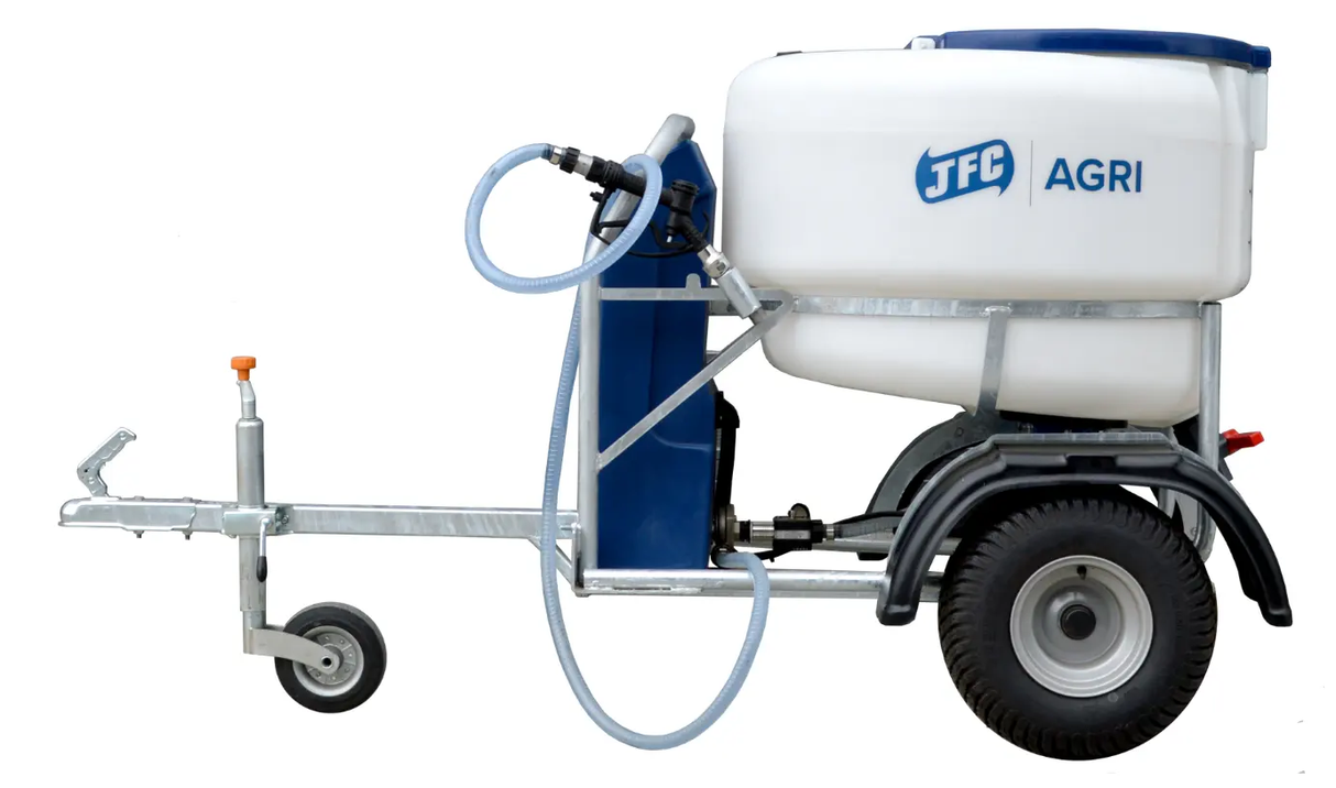 JFC Agri New Generation ATV Milk Kart livestock feeder with 340 Litre tank, mixer and pump, on a galvanized trailer.