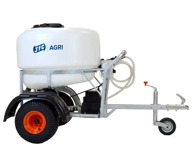 JFC Agri ATV Milk Kart 340L calf milk feeder with 220V mixer and 12V pump on a metal trailer